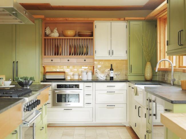 yellow subway backsplash with apple green cabinets