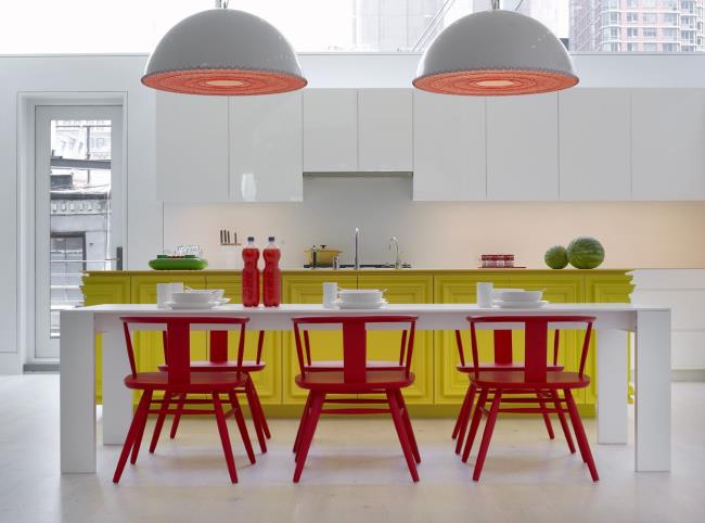 modern chic kitchen with yellow cabinets