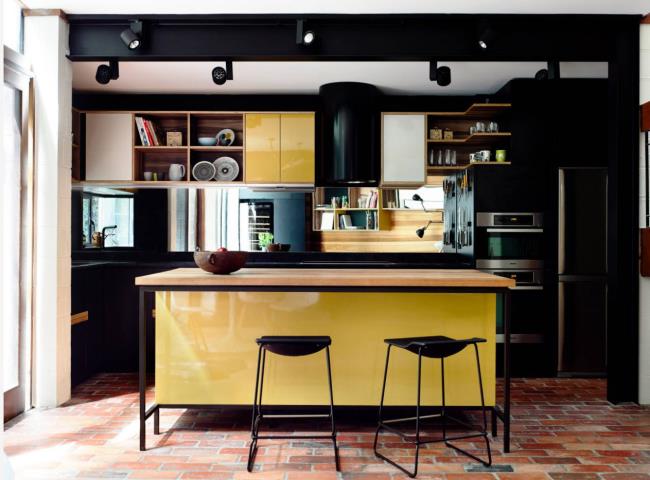 modern yellow and black kitchen