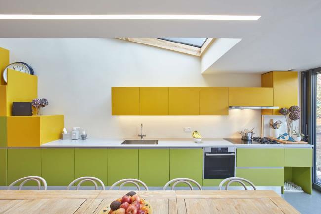 yellow upper cabinets in kitchen