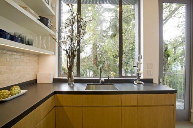 gray laminate countertop in cottage style kitchen