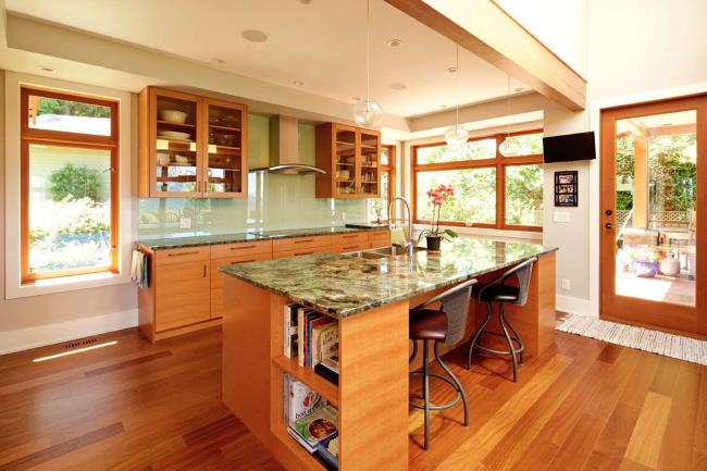 Warm wood and granite countertops