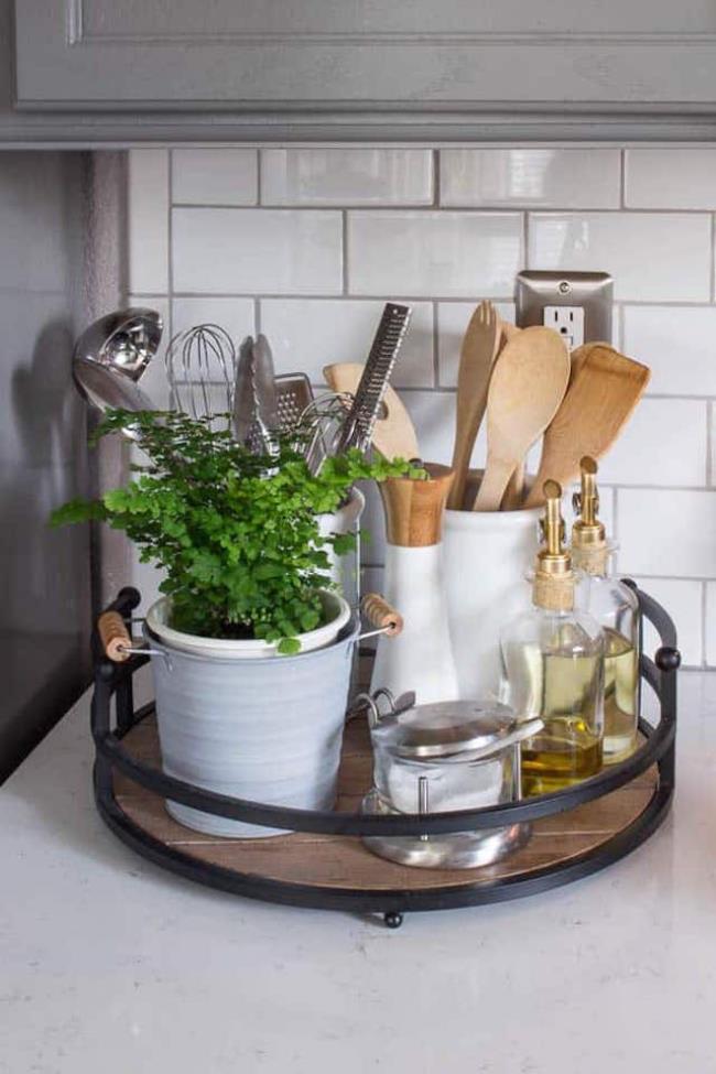 tray with olive oil and utensils