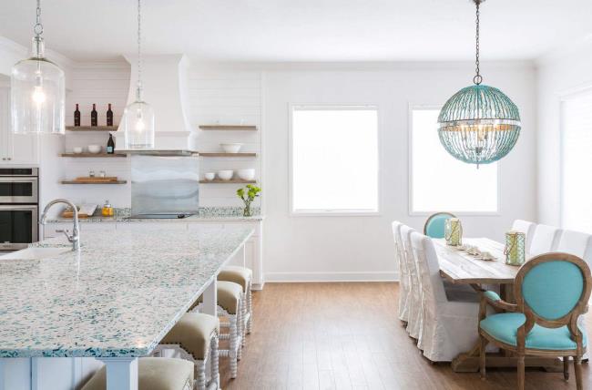 Bretagne Blue kitchen glass countertop in a beach cottage