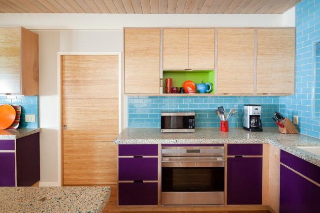 colorful kitchen with recycled glass countertops