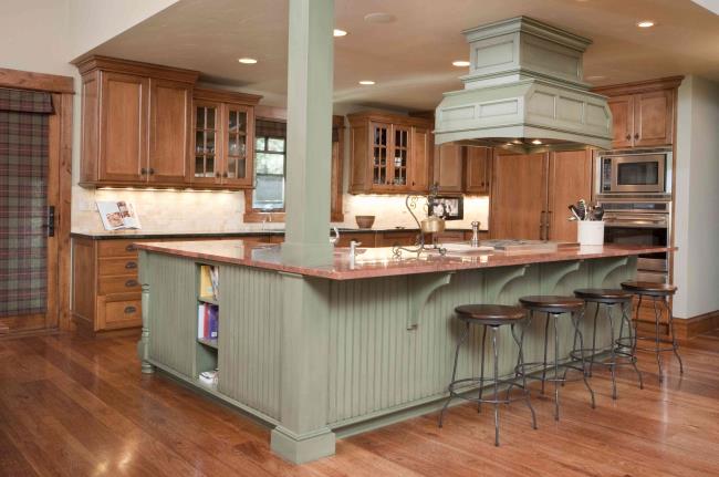 A modern kitchen with an island seating area