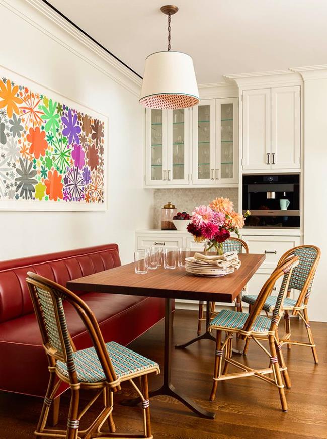 kitchen with a red bench