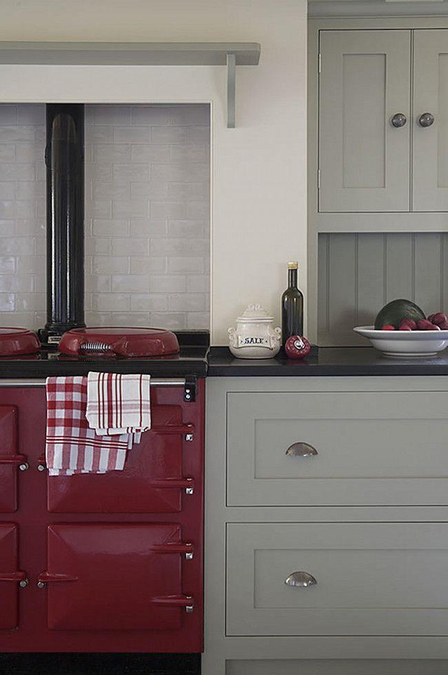 gray and red kitchen