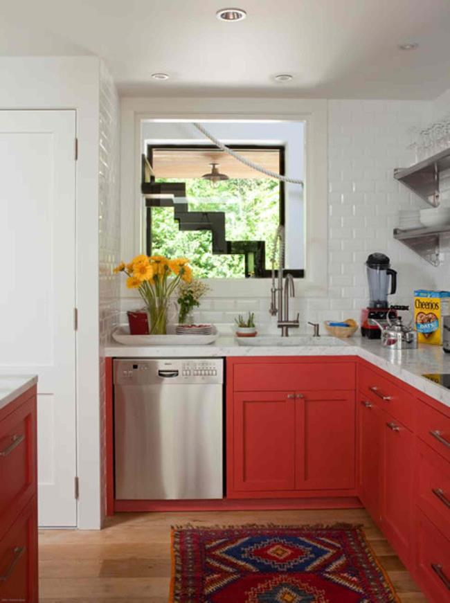 kitchen with red lower cabinets