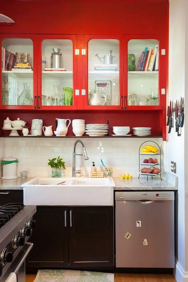 modern type kitchen with red top cabinets