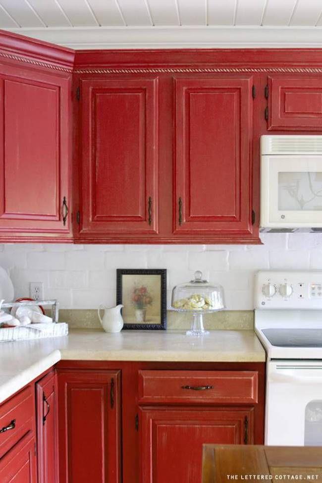 red cabinets and white ceiling