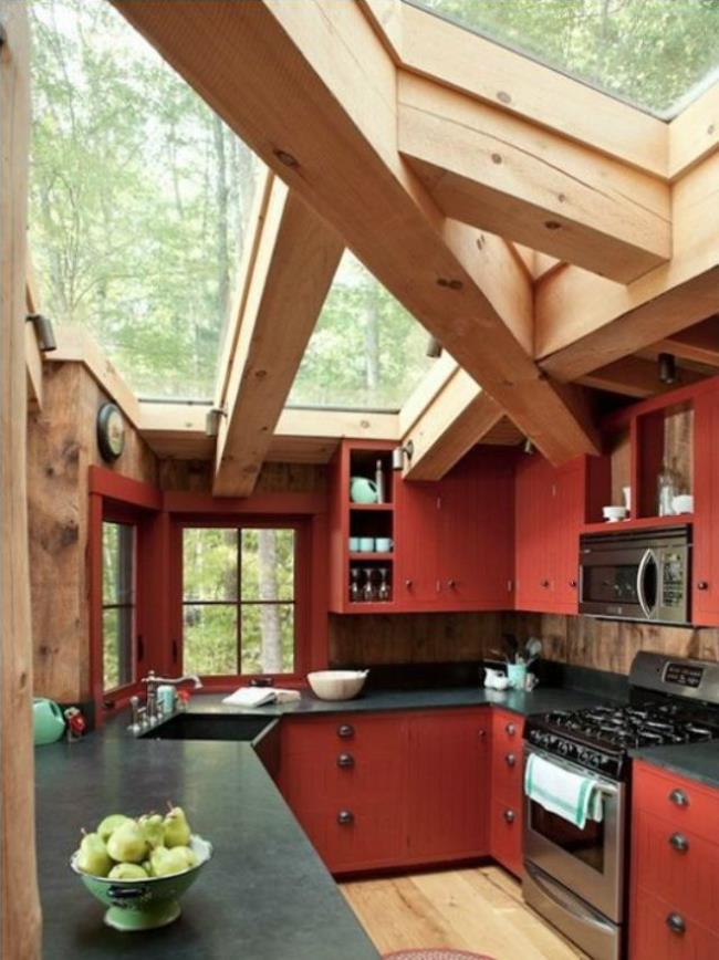 Red country cabin kitchen