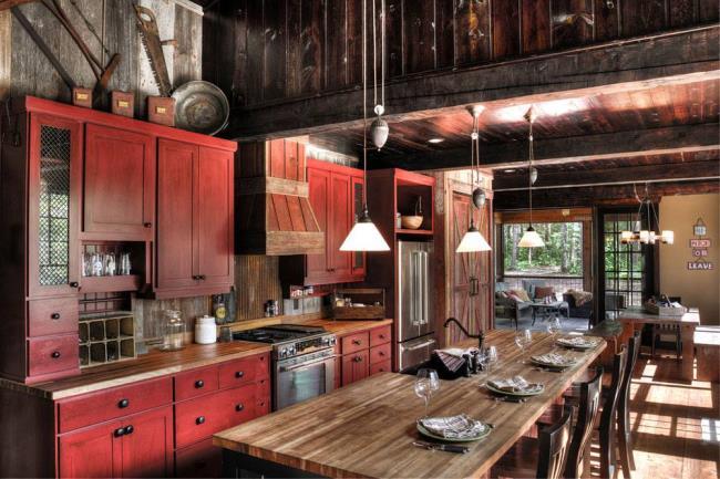 dark, rustic red kitchen