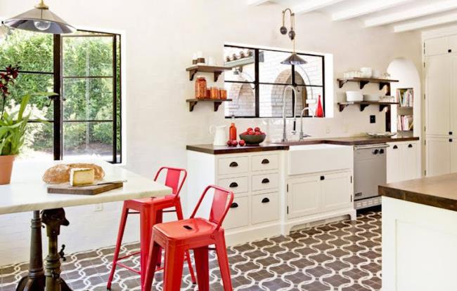 kitchen with bright red chairs