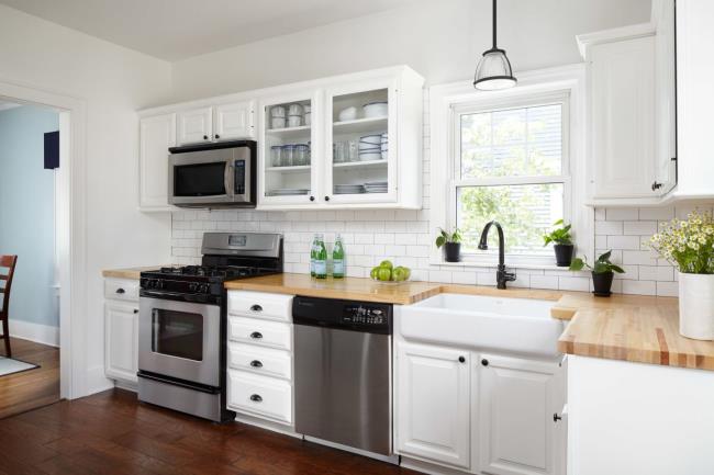 Butcher block countertops in family kitchen