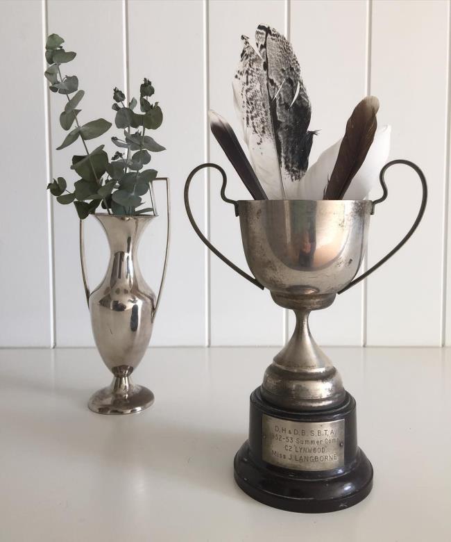 trophies holding feathers